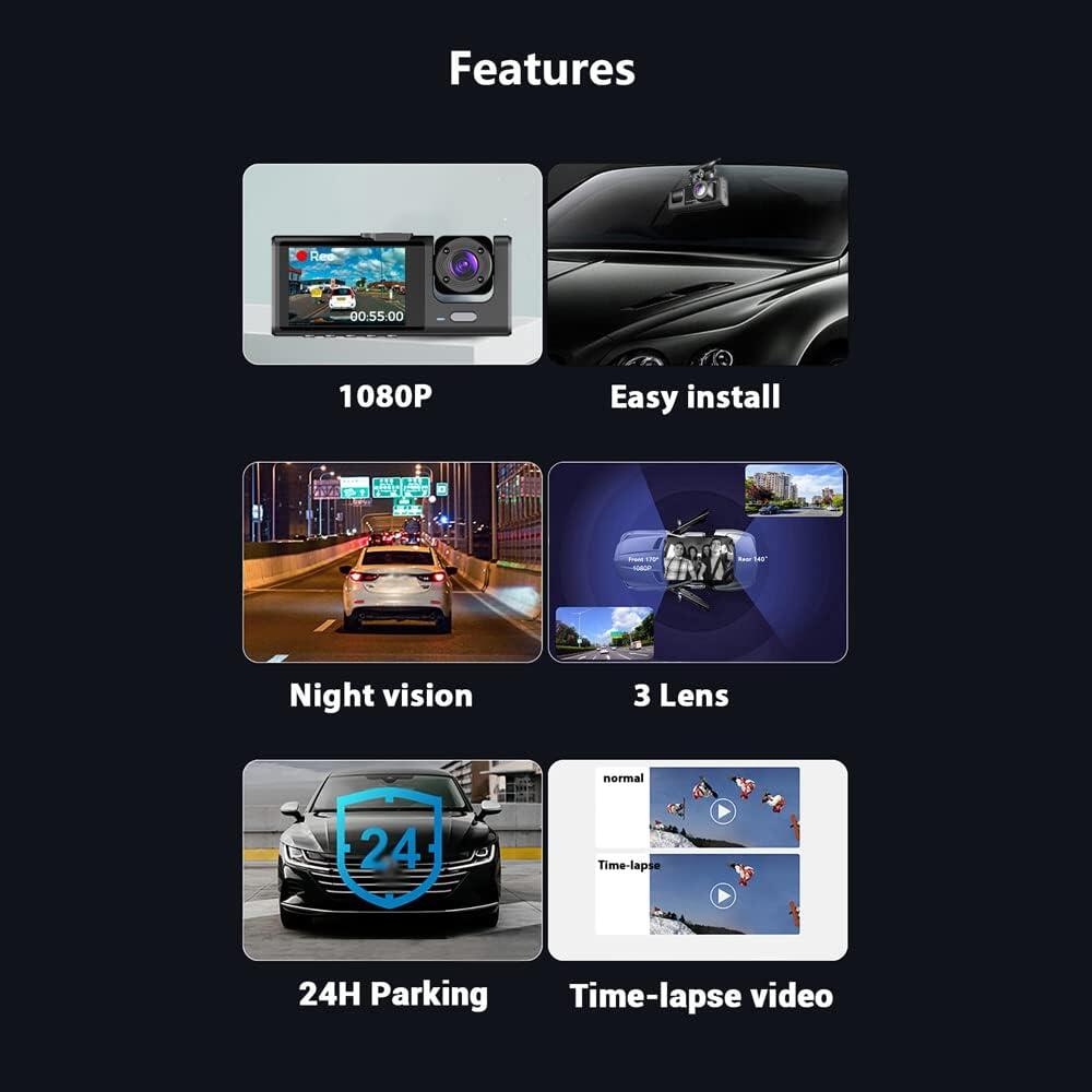 DASH CAM 1080P DVR — Cámara Frontal, Trasera e Interior con Visión Nocturna y Grabación en Bucle