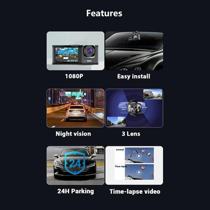 DASH CAM 1080P DVR — Cámara Frontal, Trasera e Interior con Visión Nocturna y Grabación en Bucle