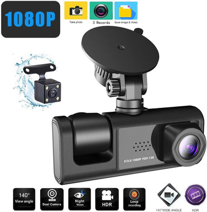DASH CAM 1080P DVR — Cámara Frontal, Trasera e Interior con Visión Nocturna y Grabación en Bucle